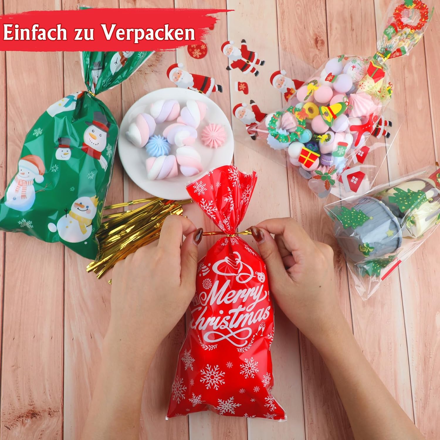 Pack of 120 Cellophane Bags, Christmas Candy Bags, Biscuits, Goody Bags with 120 Twist Ties, Bags for Filling, Cellophane Bags Small for Cookies Biscuits Chocolates (Green) – Bild 3