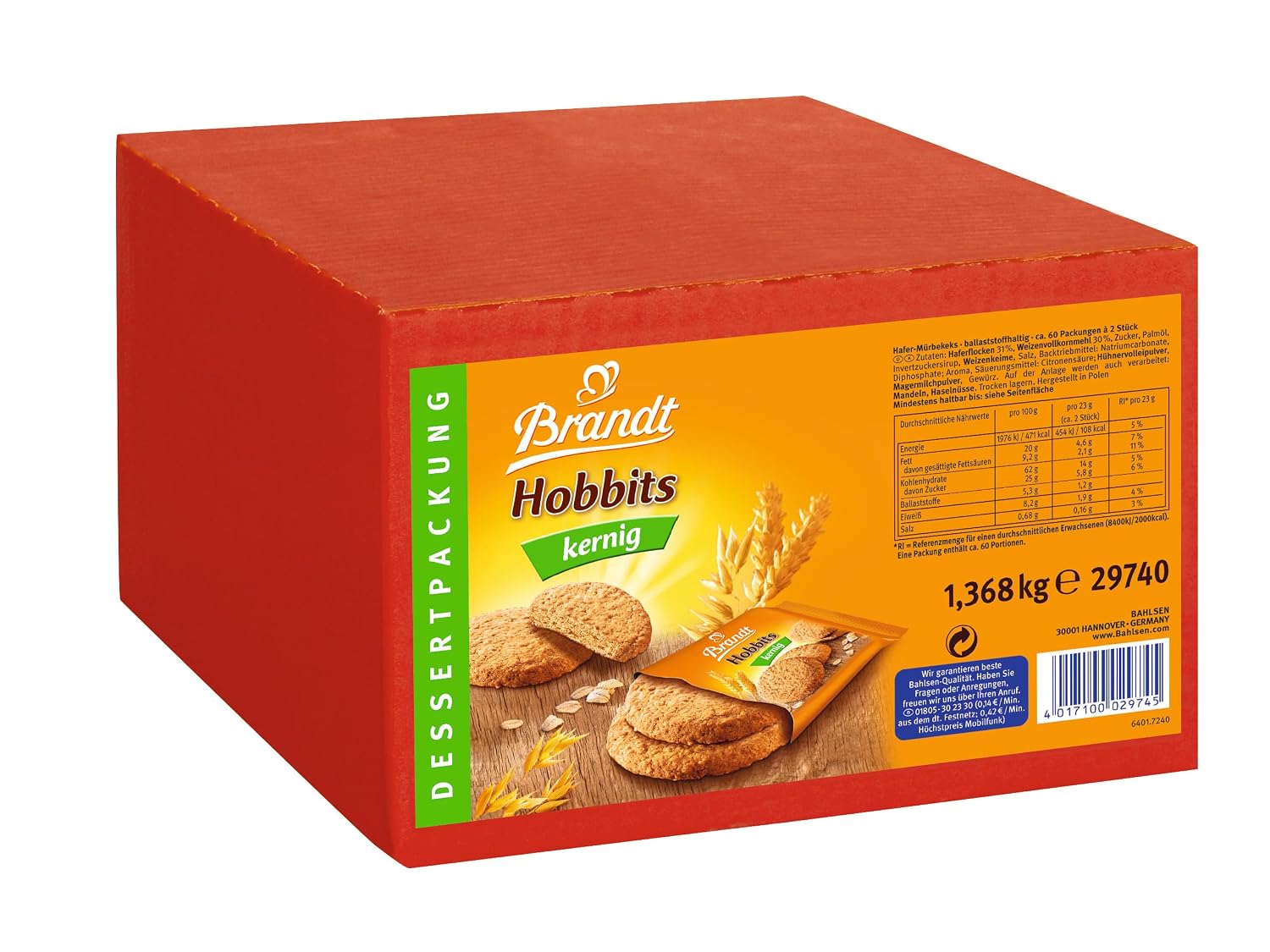 Brandt Hobbits Kernig - Pack of 2 - Catering Box with 60 Packs - Fibre-Rich Whole Grain Biscuit with Oatmeal (60 x 22.8 g)