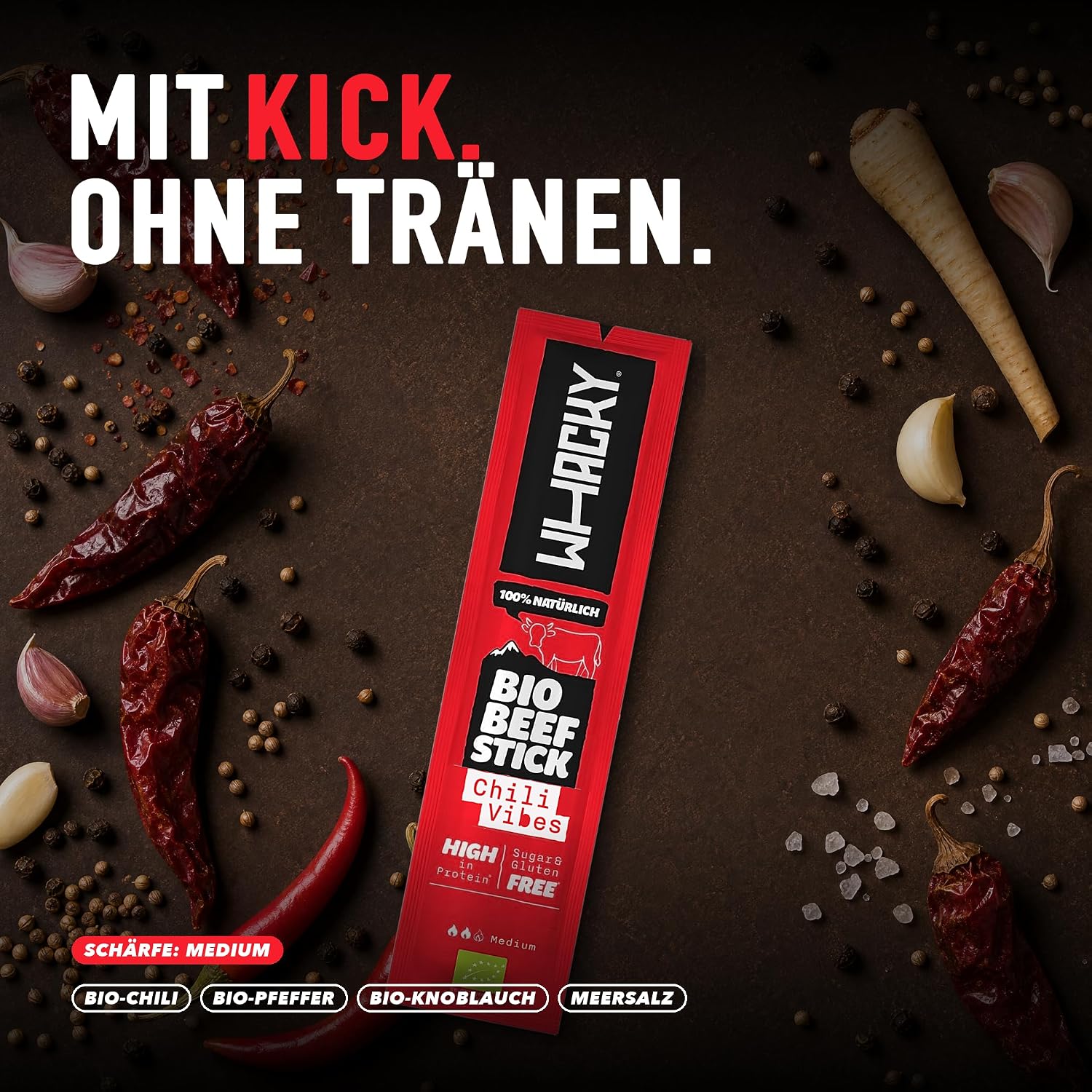 Whacky Organic Beef Sticks - Chili Vibes (9 x 32 g) Protein Snack Made of Beef - Salami Sticks without Sugar - Low Carb, for Fitness, Keto, Outdoor & On the Go - Spicy Chili Flavour – Bild 8