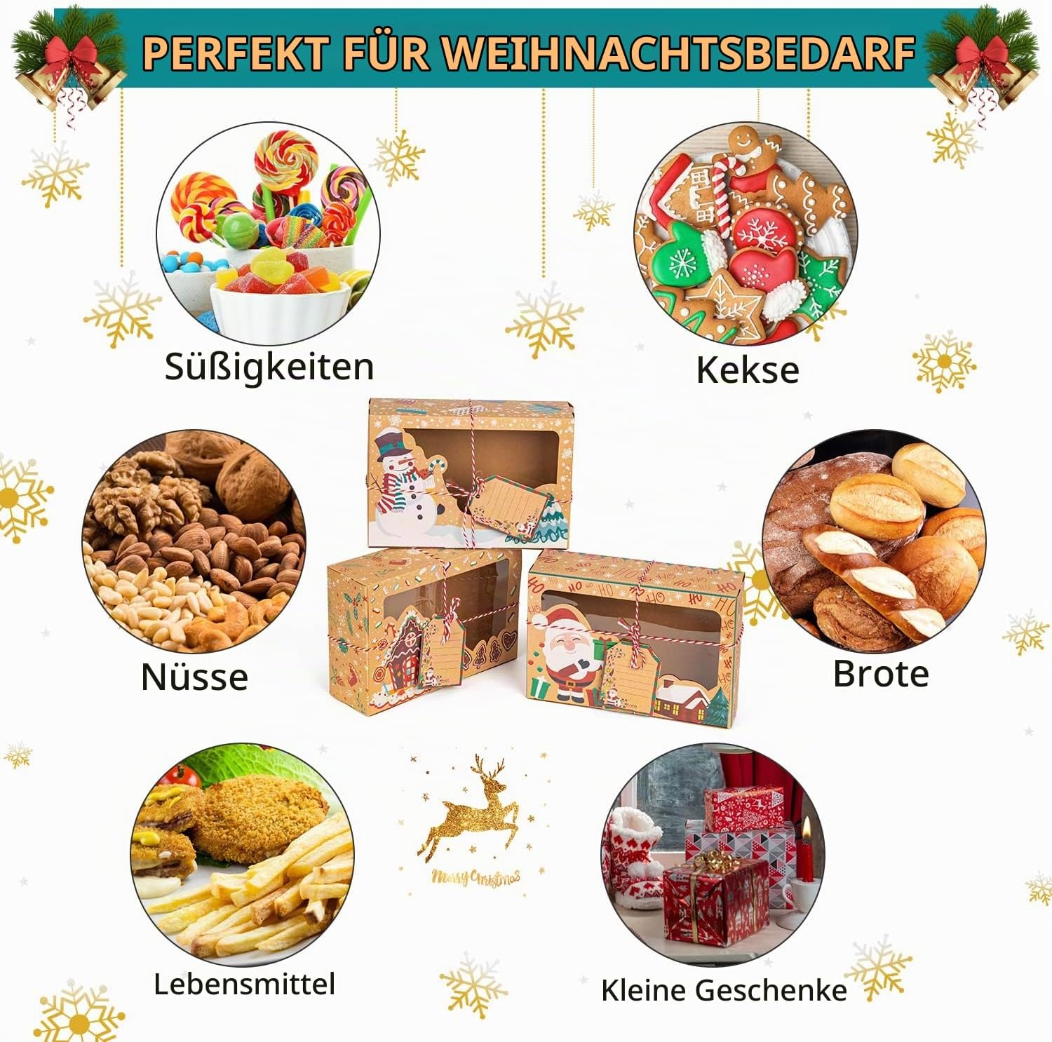 Pack of 12 Christmas Biscuit Boxes, 3 Different Design Biscuits Packaging, Christmas Box, Biscuit Box, Cake Boxes with Viewing Window for Bakery, Chocolate, Chocolate Box Packaging – Bild 3