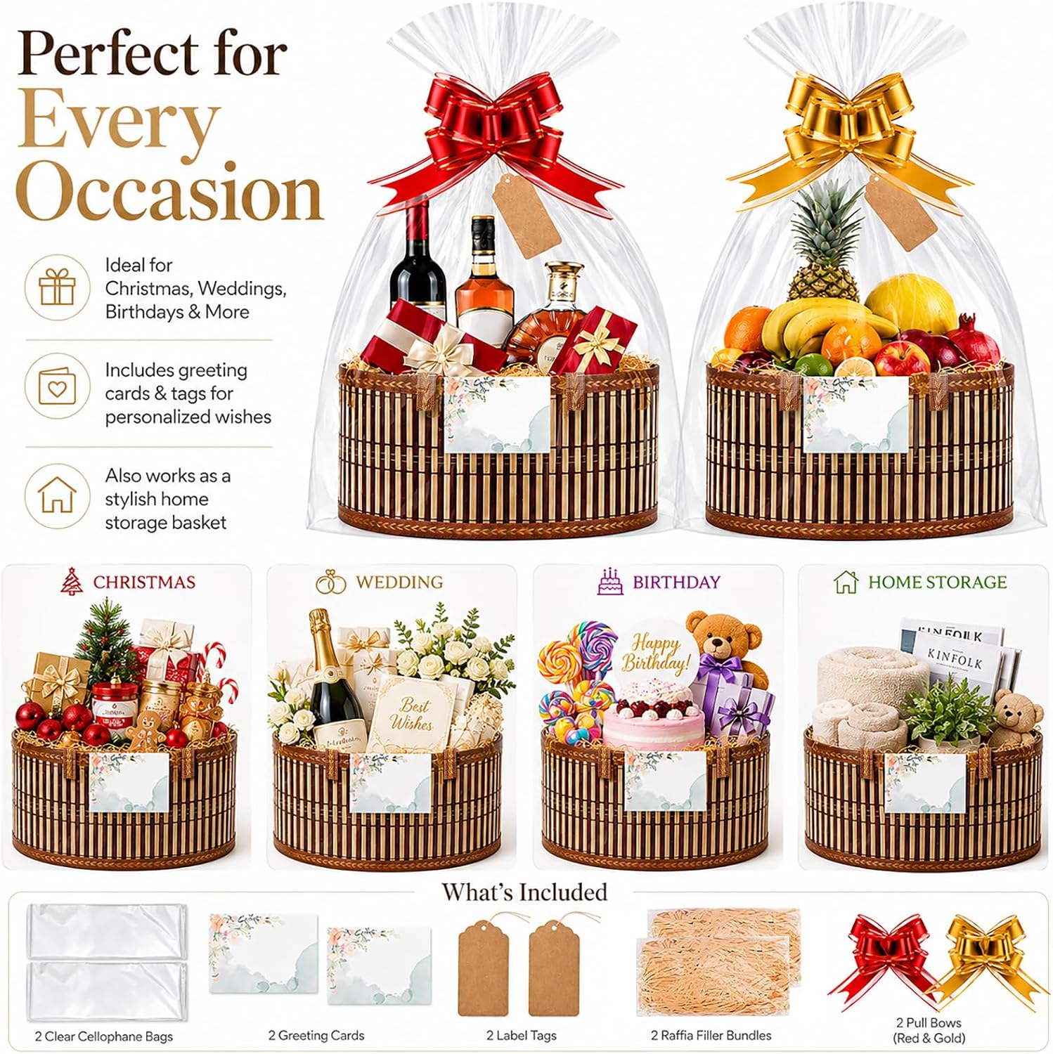 Myfivo Set of 2 Bamboo Gift Baskets Empty with Bow, Filling Material Gift – Bild 2