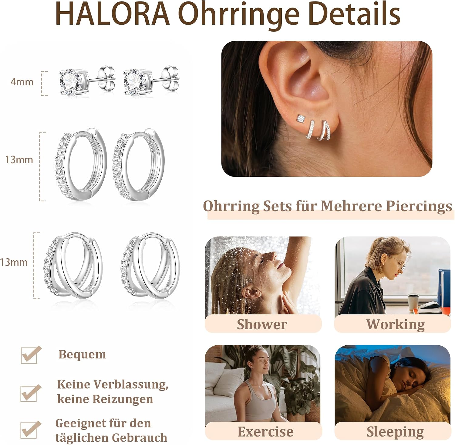 3 Paare Creolen Silber Set 14K Vergoldete Ohrringe für Damen – Bild 5