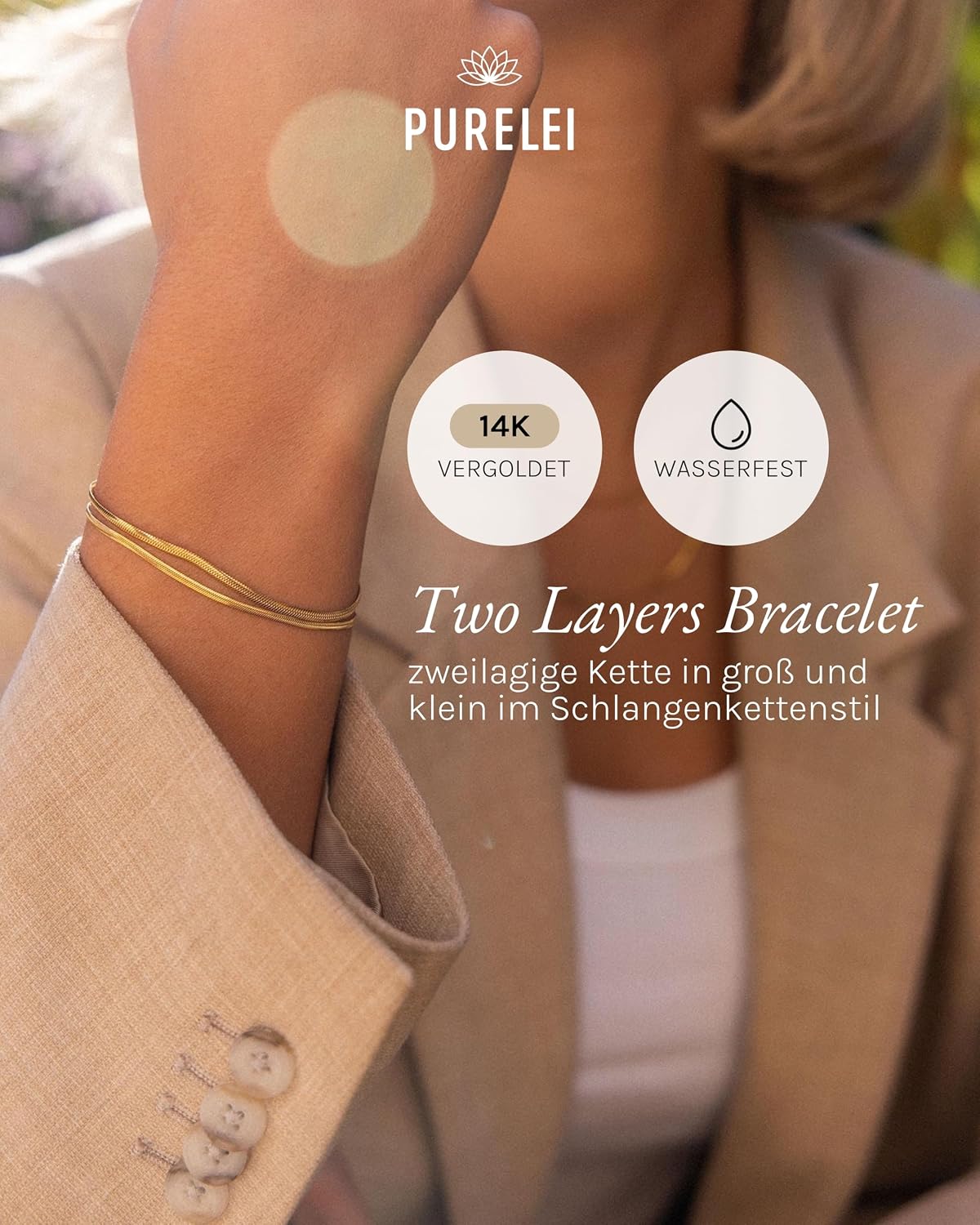 Purelei Two Layers Women's Bracelet - Adjustable Waterproof Bracelet with Double Layer Snake Chain Design for a Stylish Layering Look – Bild 2