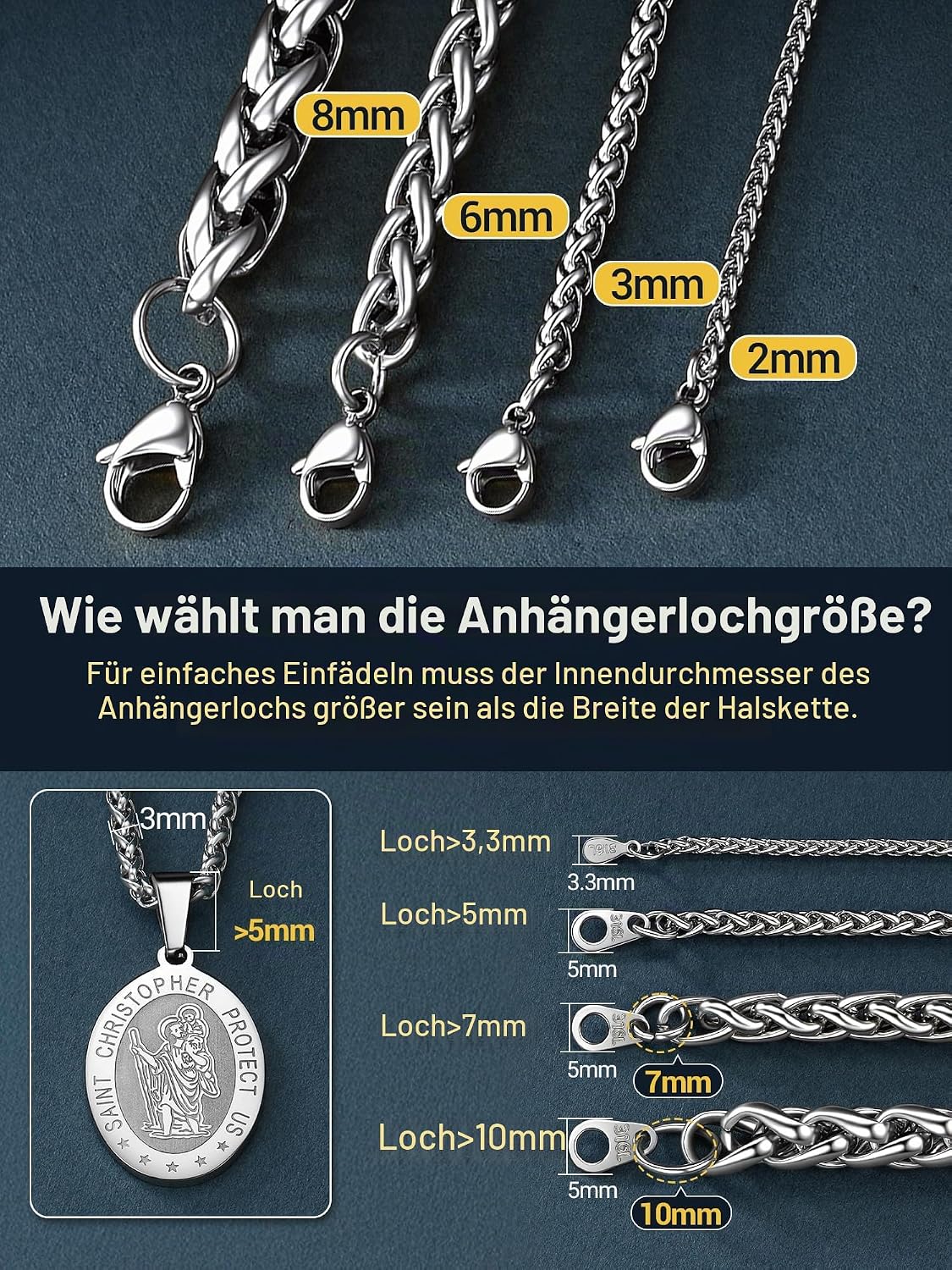 PROSTEEL Wheat Chain Men's Necklace Stainless Steel Chain Women's Link Chain Jewellery Men's Chain 46 to 76 cm Long Selectable 2/3/6/9 mm Wide in Silver/Black/Gold – Bild 3