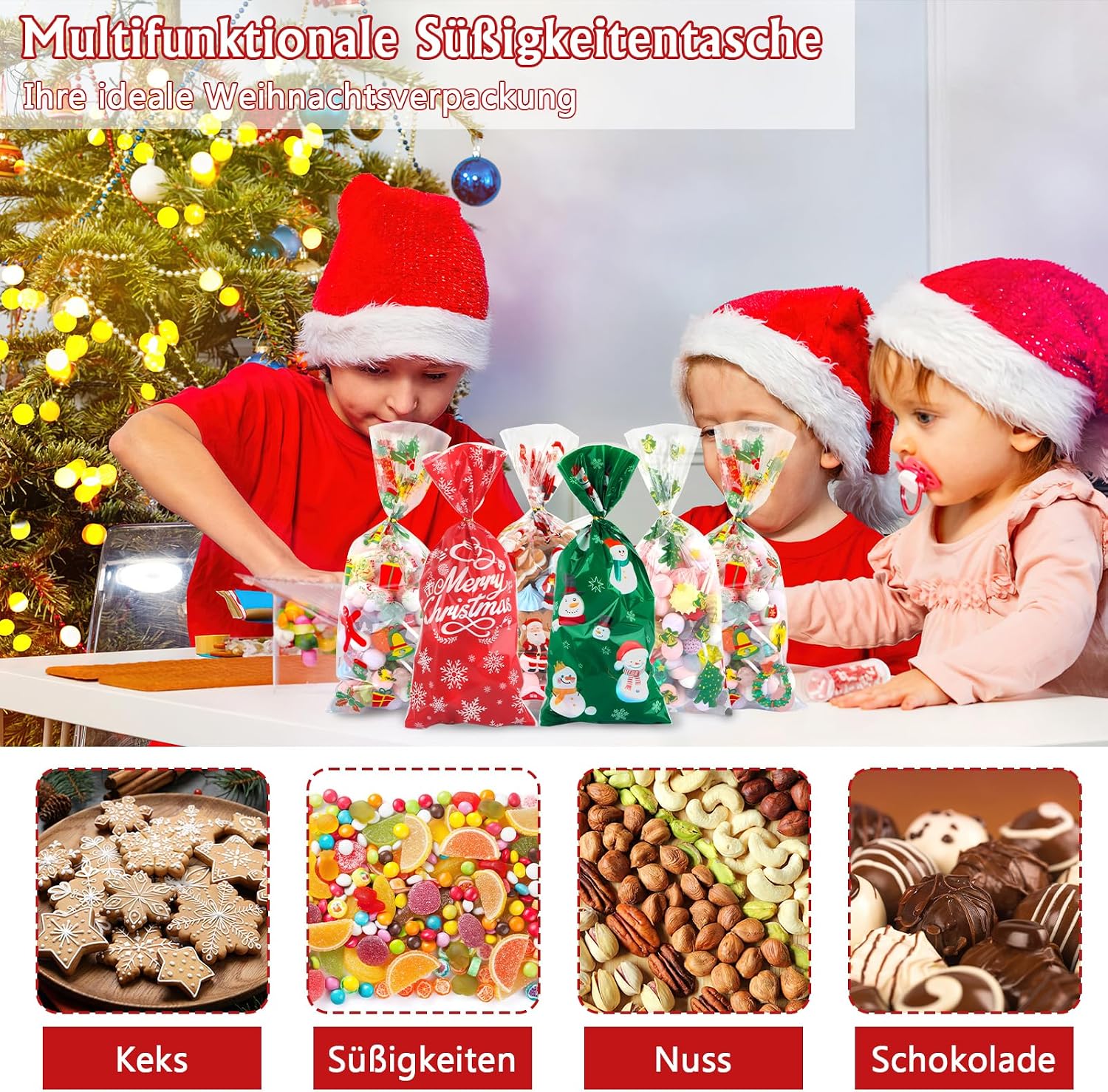 Pack of 120 Cellophane Bags, Christmas Candy Bags, Biscuits, Goody Bags with 120 Twist Ties, Bags for Filling, Cellophane Bags Small for Cookies Biscuits Chocolates (Green) – Bild 4