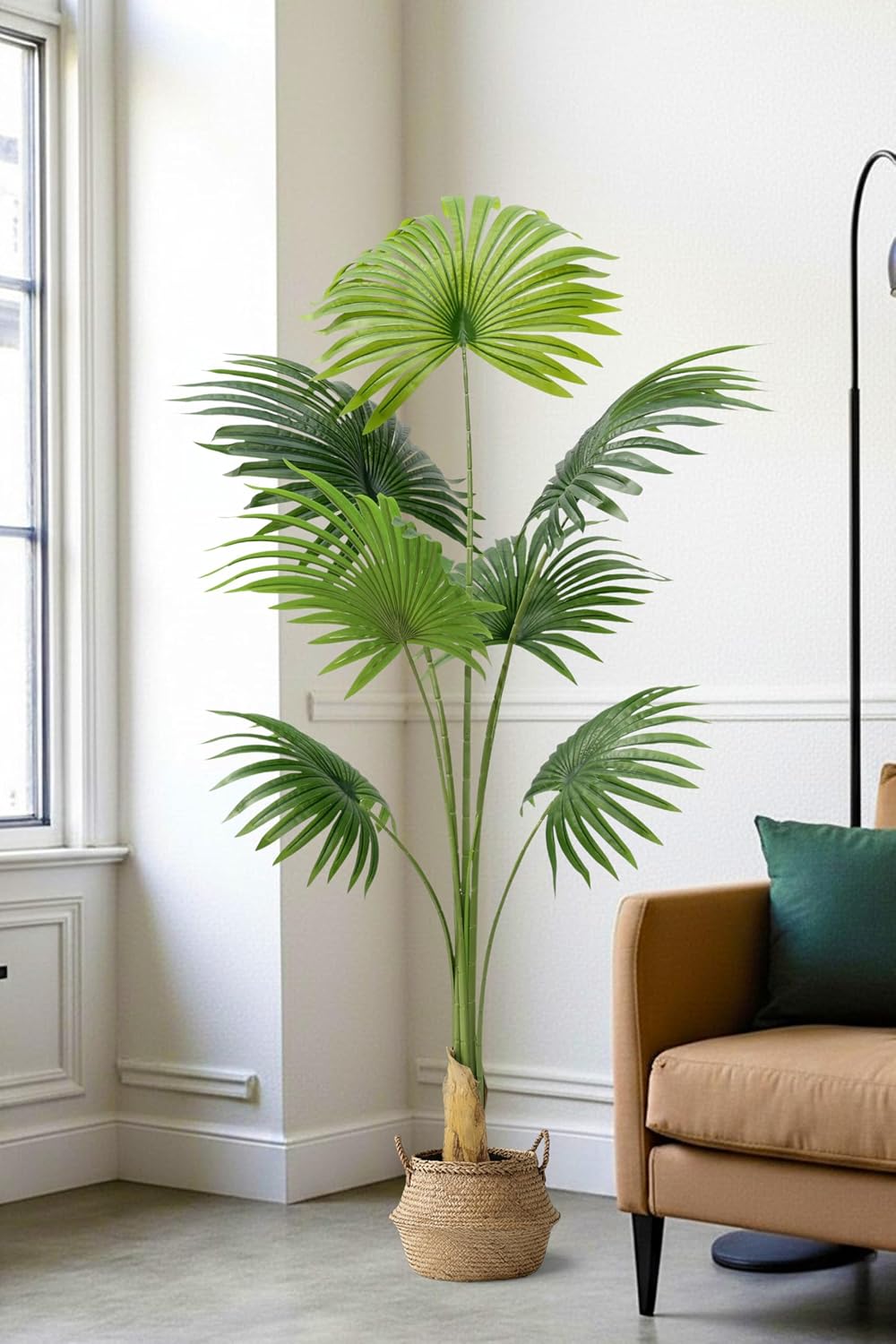 Arnusa Artificial Fan Palm Tree 160 cm - Large Artificial Palm Tree with 7 Palm Fronds - Easy Care Decorative Plastic Plant - Realistic Indoor Plant in Pot for Living Room & Office – Bild 5