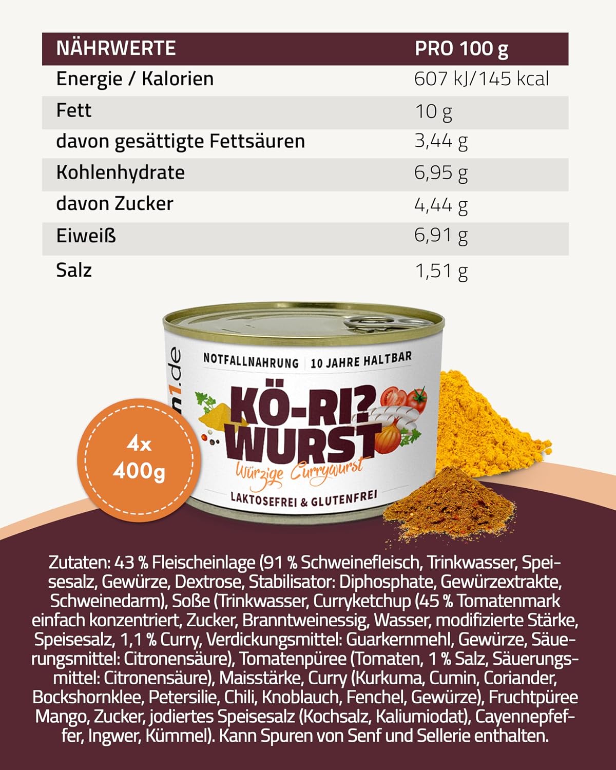 ration1 Spicy Curry Sausage, 4 x 400 g, Ready Meals, Shelf Life of 10 Years – Bild 2
