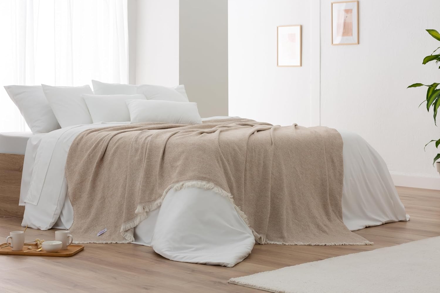 Extra Soft Cotton Blanket Stripe Pattern Multipurpose Bedspread for Sofa Bed Decorative Cover and Fular (Sand Beige, 120 x 180 cm), Beige Sand – Bild 6