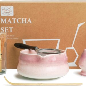 Premium Matcha Set of 6 – Exclusive Matcha Tea Set with Bamboo Chasen (Broom), Pink Ceramic Bowl, Flour Sifter with Handle, Spoon & Accessories, Original Gift for Matcha