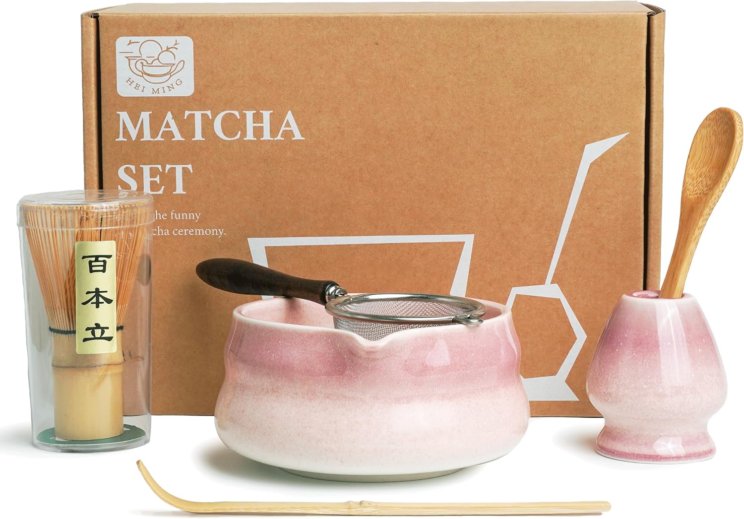 Premium Matcha Set of 6 - Exclusive Matcha Tea Set with Bamboo Chasen (Broom), Pink Ceramic Bowl, Flour Sifter with Handle, Spoon & Accessories, Original Gift for Matcha