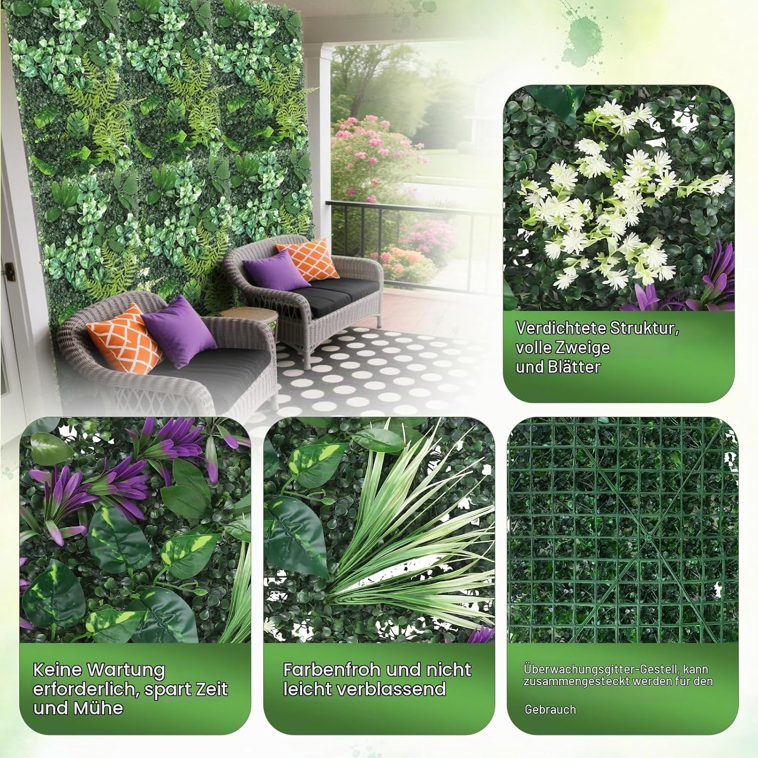 Generic 2 Artificial Plant Wall Panels, 60 x 40 cm, Artificial Green Plants on the Wall, Realistic Artificial Plant Wall, Suitable for Indoor, Outdoor, Wall, Balcony, Garden, Wedding (C17) – Bild 4