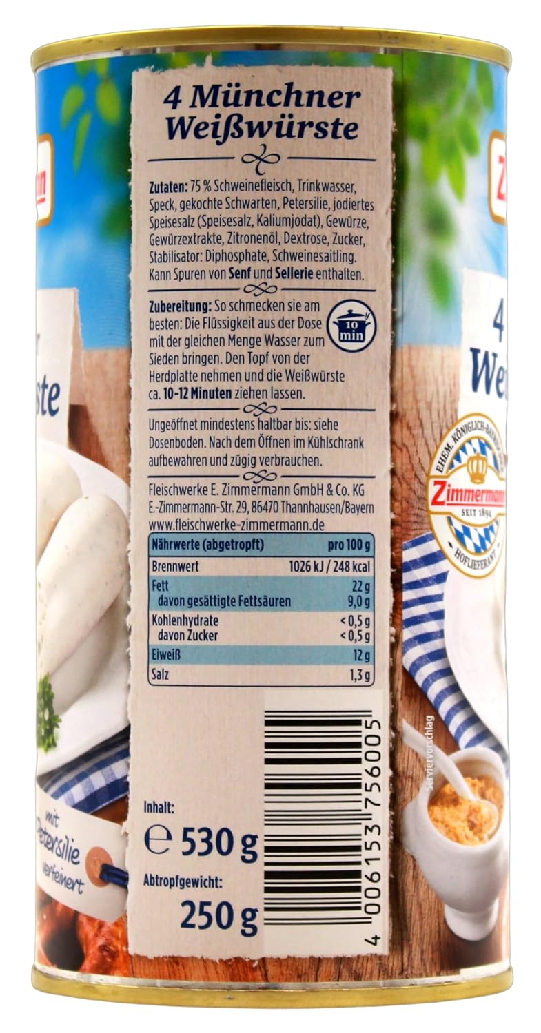 Fleischwerke Zimmermann Münchner Weisswurst 4 Pieces/Tin (6 Cans) – Bild 2
