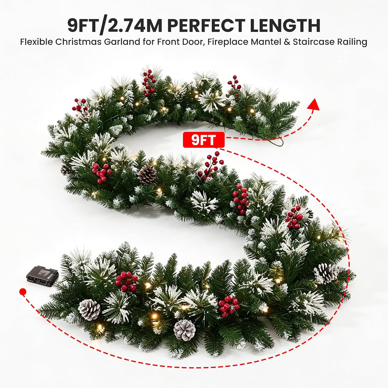 Christmas Illuminated Garland, Stairs Christmas Garland 2.7 M Artificial garland for stairs & outdoor decoration, battery operated, berries, pine cones, snowflakes, 8 light modes – Bild 3