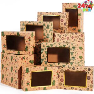 JOYIN 24 Pieces Foiled Christmas Cookie Boxes with Window, Treat Boxes for Doughnut and Cookies, Brown Kraft Bakers Boxes with 3 Designs, Christmas Cookie Gift Baking Box for Pastries, Cupcakes