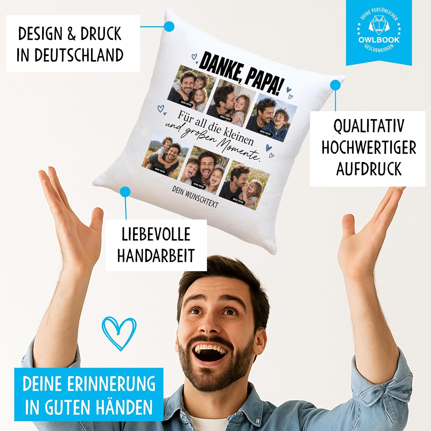OWLBOOK® Photo Cushion for Dad with 6 Photos Design Yourself Birthday Dad – Bild 5