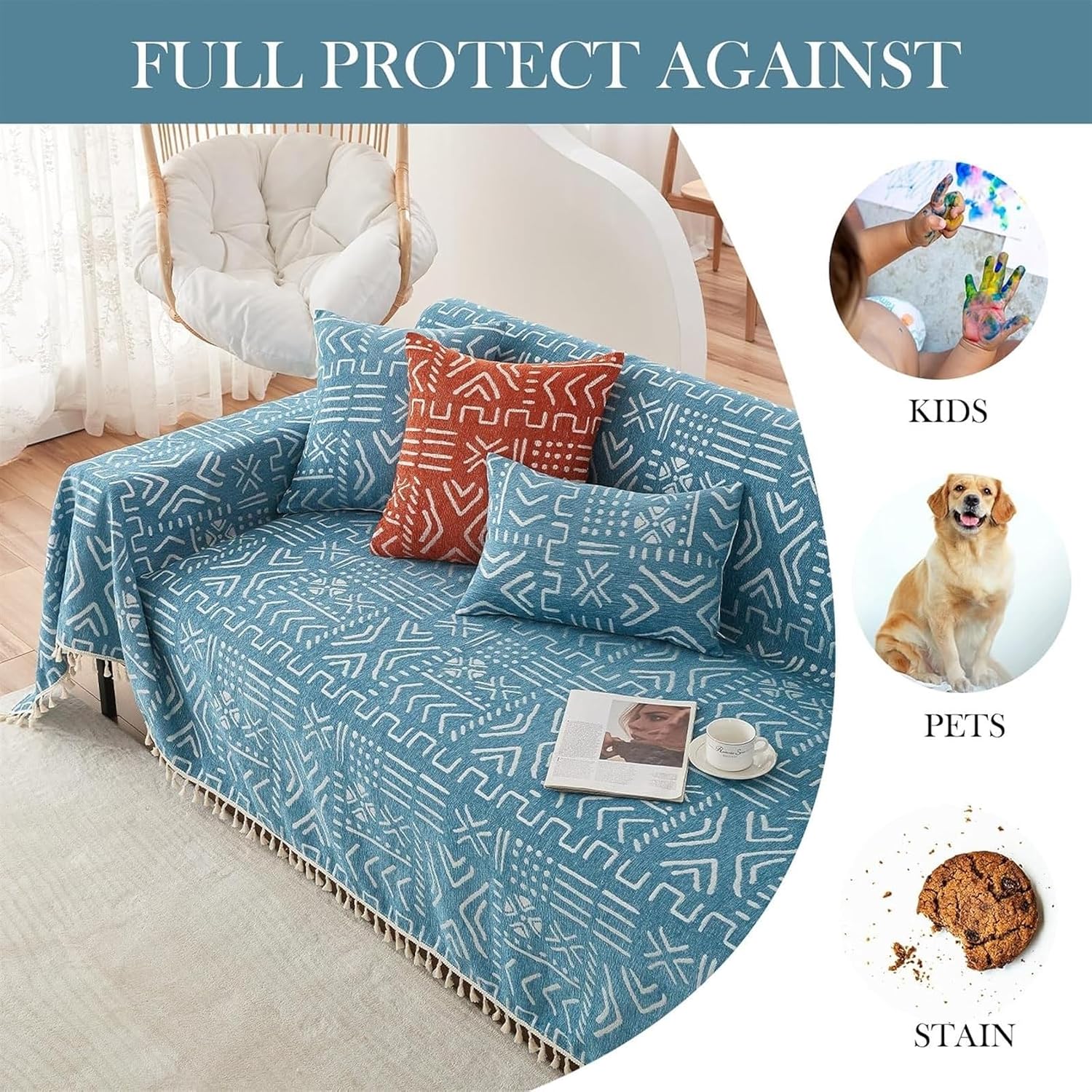 Couch Throw, Sofa Cover 1/2/3/4 Seater, Sofa Throw Blanket, Couch Throws, Sofa Cover, Sofa Throws, Sofa Cover, Throw, Sofa Blanket (Blue, 180 x 340 cm) – Bild 4