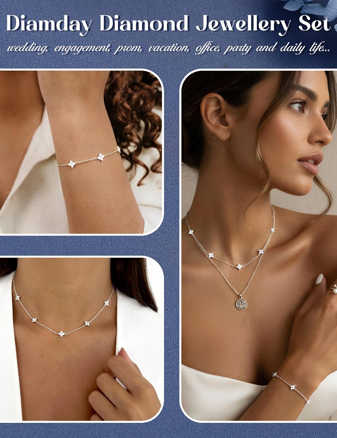 Diamday Women's 925 Silver Necklace Bracelet Gold Silver Jewellery Set Adjustable Choker Chain Bracelet Set with Zirconia Fashion Jewellery Wedding Bridal Jewellery Set Silver 925 Women – Bild 5