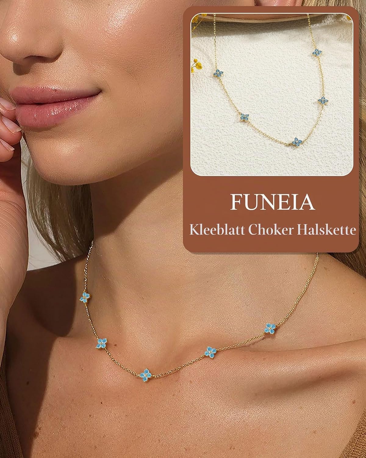 FUNEIA Women's Gold Necklace 18 Carat Gold-Plated with Birthstone Pendant Waterproof Gold Chain with Clover Leaf Adjustable Golden Chain for Girlfriend Women Girls Gold Jewellery Birthday Gift – Bild 3