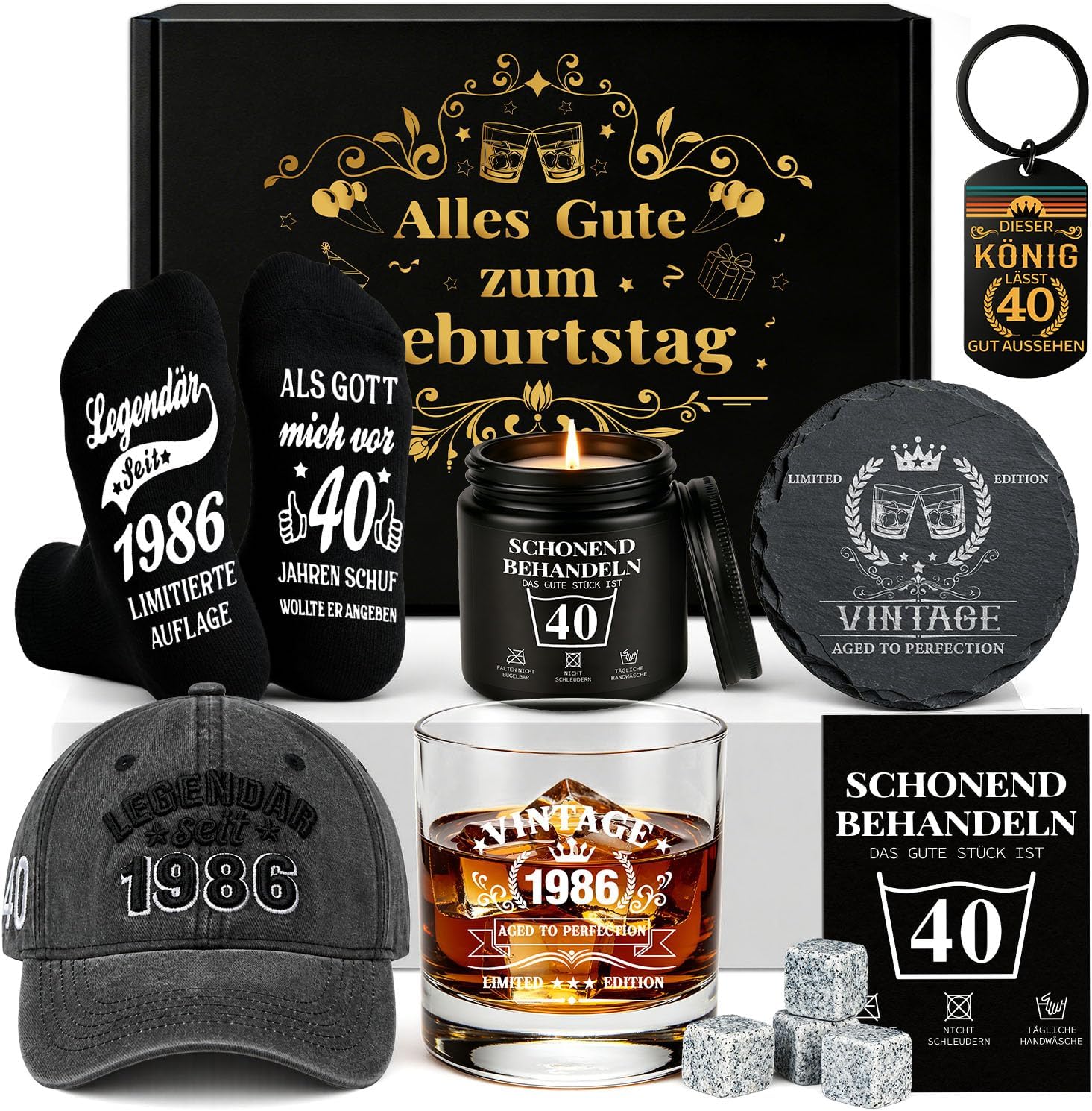 40th Birthday for Men, Vintage 1986 Birthday Gifts Men, 40th Birthday Gift Box with Whisky Stones, Cup, Socks, Keyring, Candle & Card, Gift for Husband, Dad, Boyfriend
