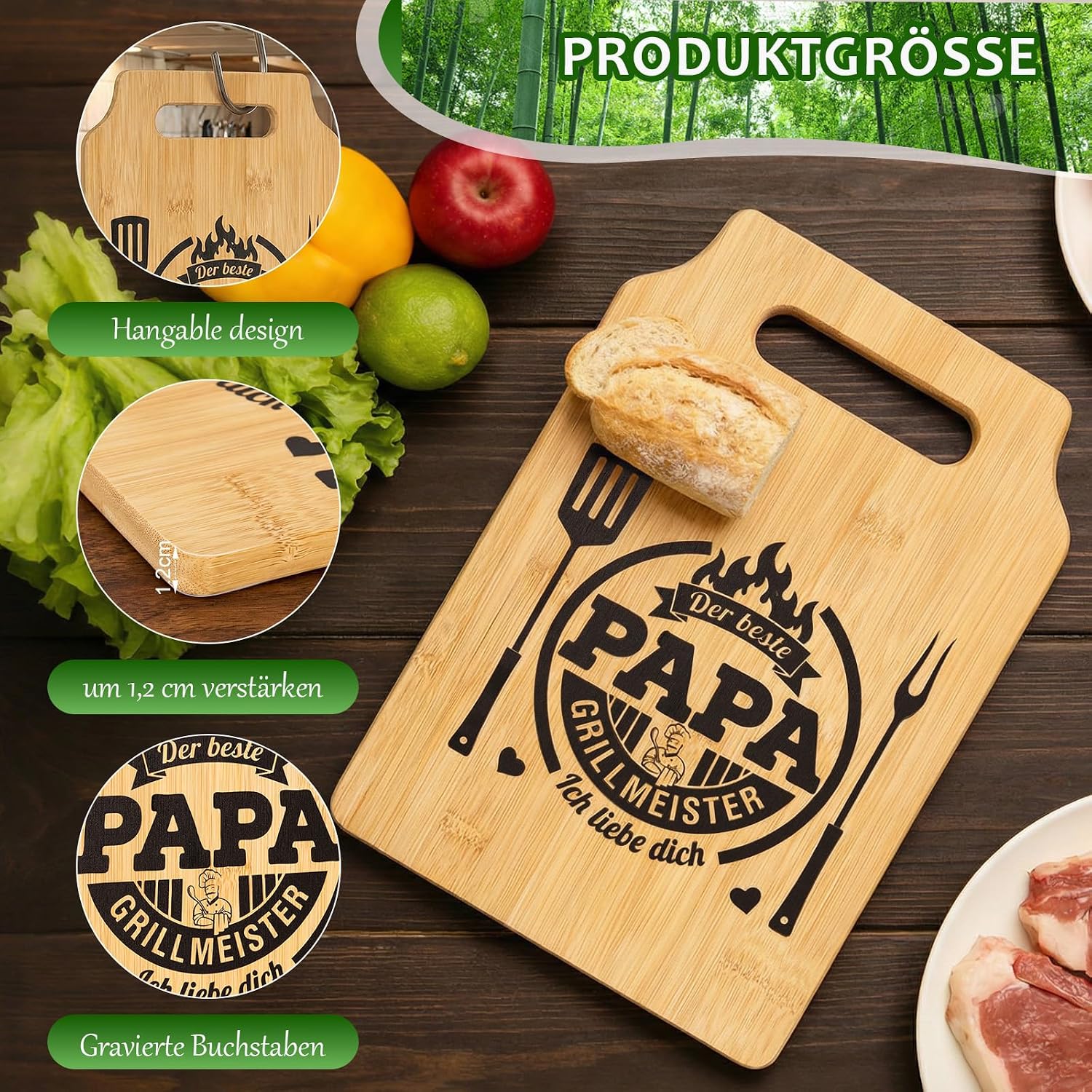 Dad Gift Set - Engraved Bamboo Chopping Board with Personalised Apron and 3 Wooden Spoons, Best Dad Gift Birthday, Father's Birthday Gift, Gifts for Father's Day, Housewarming – Bild 5