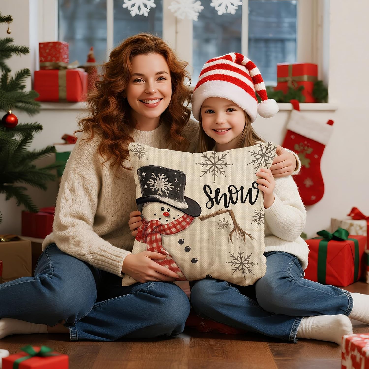 Christmas Cushion Cover, 45 x 45 cm, without Cushion Filling, Set of 4, Linen Look, Square Christmas Cushion Covers with Zip for Sofa, Living Room, Christmas Decorations (Red Stripes) – Bild 7