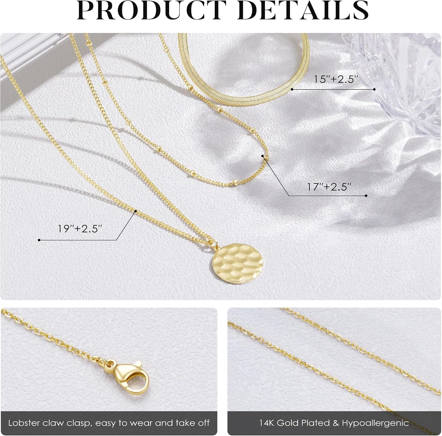 Turandoss Women's Gold Chain, 14 K Gold-Plated Layering Necklace, Women's Chain with Coin Beads Pendant, Snake Chain, Figaro Stackable Necklace Set, Birthday Gift for Girls, Women, Pack of 3 – Bild 6