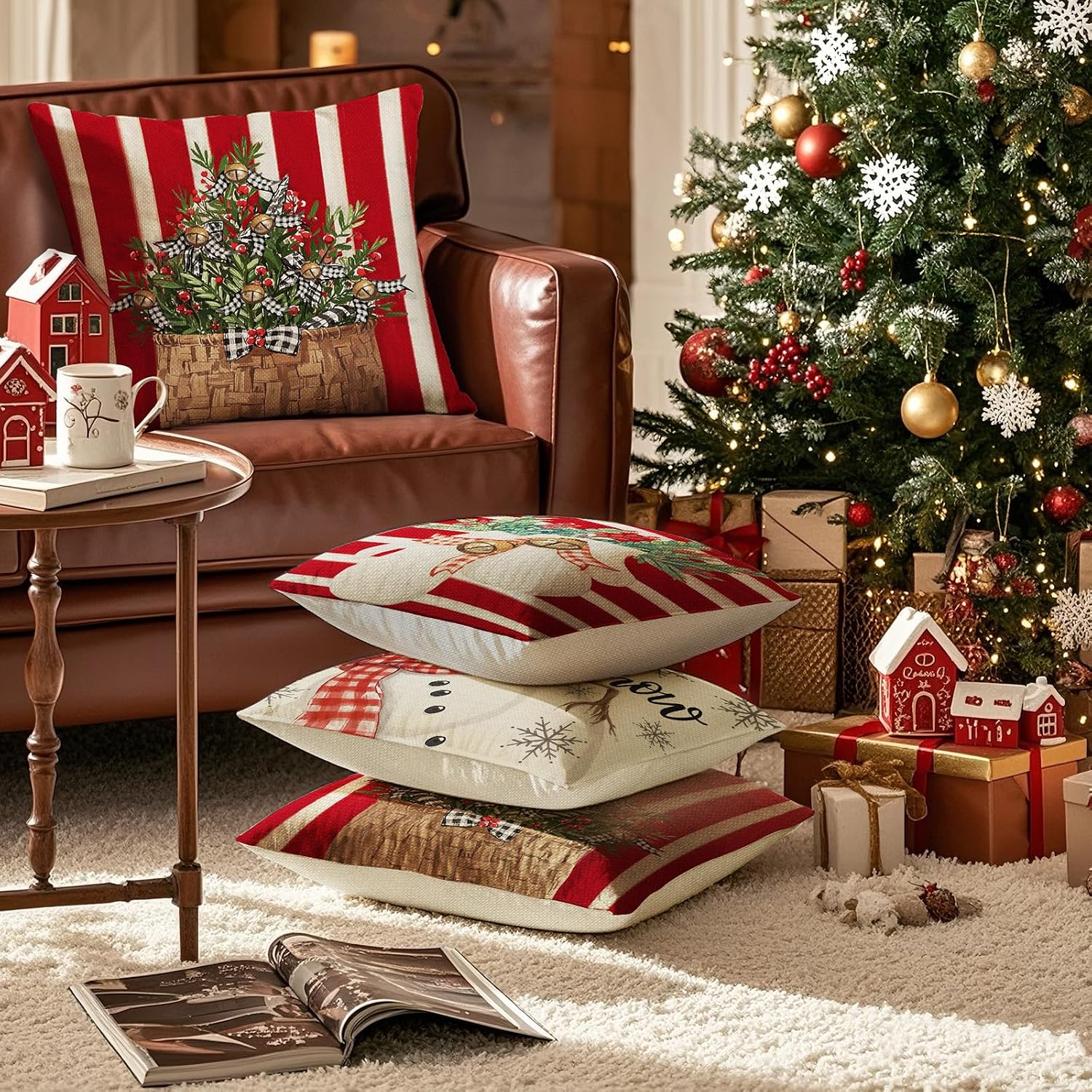 Christmas Cushion Cover, 45 x 45 cm, without Cushion Filling, Set of 4, Linen Look, Square Christmas Cushion Covers with Zip for Sofa, Living Room, Christmas Decorations (Red Stripes) – Bild 9