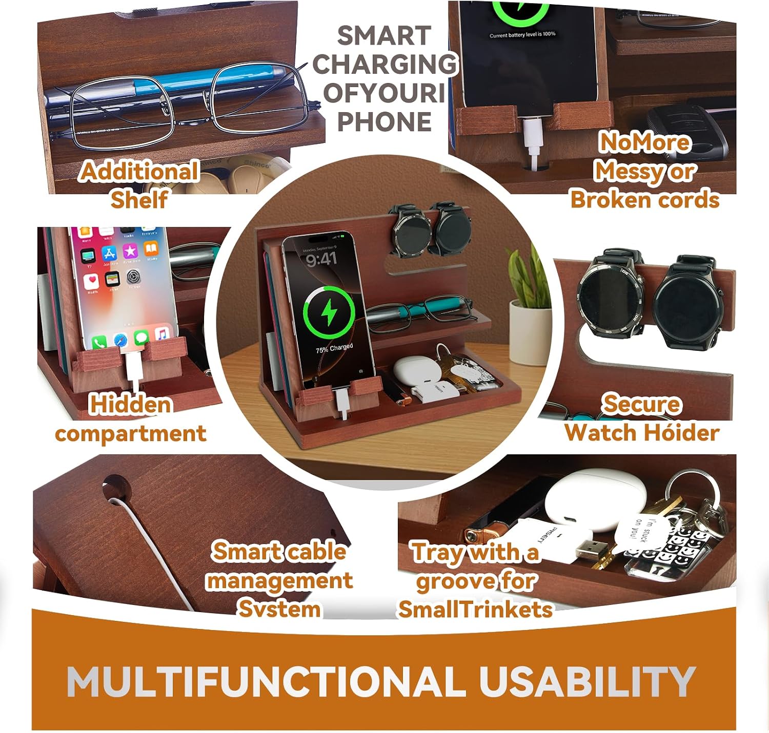 Gifts for Men Christmas Wooden Phone Docking Station Desk Organiser Father Gifts Anniversary Birthday Gifts for Him Christmas Gifts for Men Bedside Table Keys – Bild 2