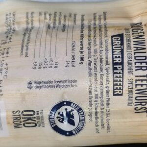 Rügenwalder Coarse Tea Sausage with Green Pepper, Smoked, 250 g Pack