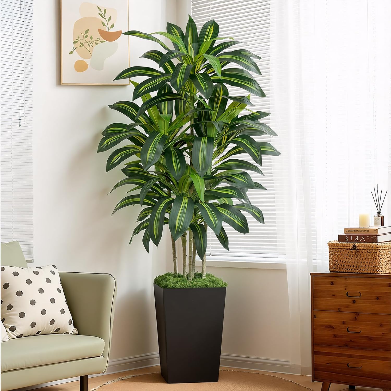 Dracaena Artificial Plant 180 cm with Black Planter, Artificial Palm Tree Large Like Real with 108 Leaves, Artificial Tree for Indoor Decoration, Living Room, Bedroom, Office, Garden, Home