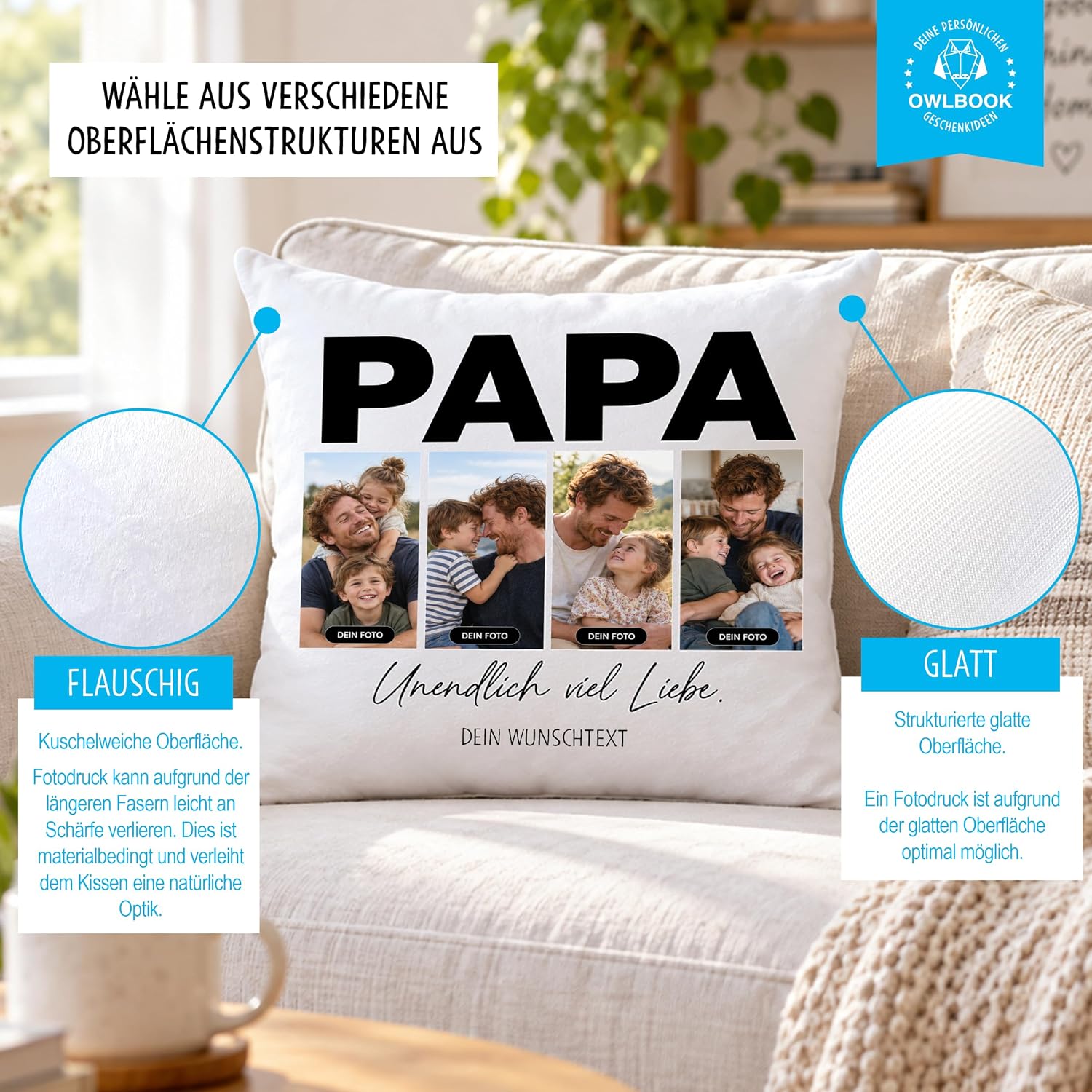 OWLBOOK® Photo Cushion for Dad with 4 Photos Design Yourself | Gifts for – Bild 2