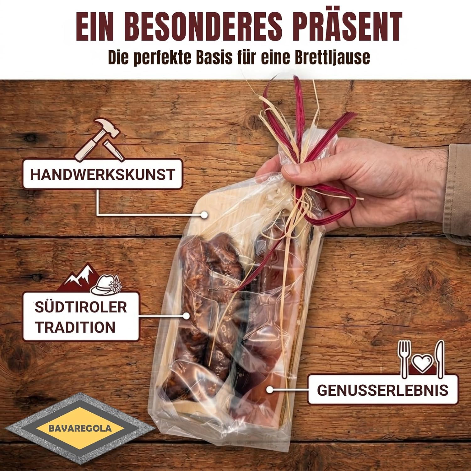 BAVAREGOLA South Tyrolean Bacon Gift Set – "Snack Board" – Bacon Centre Piece with Bacon Board and Knife – Enjoyment Gift for Men and Women – Bild 6