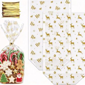 Pack of 100 Cellophane Bags with Base, Gold Reindeer Motif for Christmas