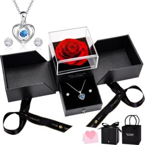 Eternal Rose, Preserved Roses with Heart Necklace and Earrings, Handmade Jewellery Gift Box, Valentine’s Day, Mother’s Day, Anniversary, Birthday Gifts for Mother, Wife, Sister