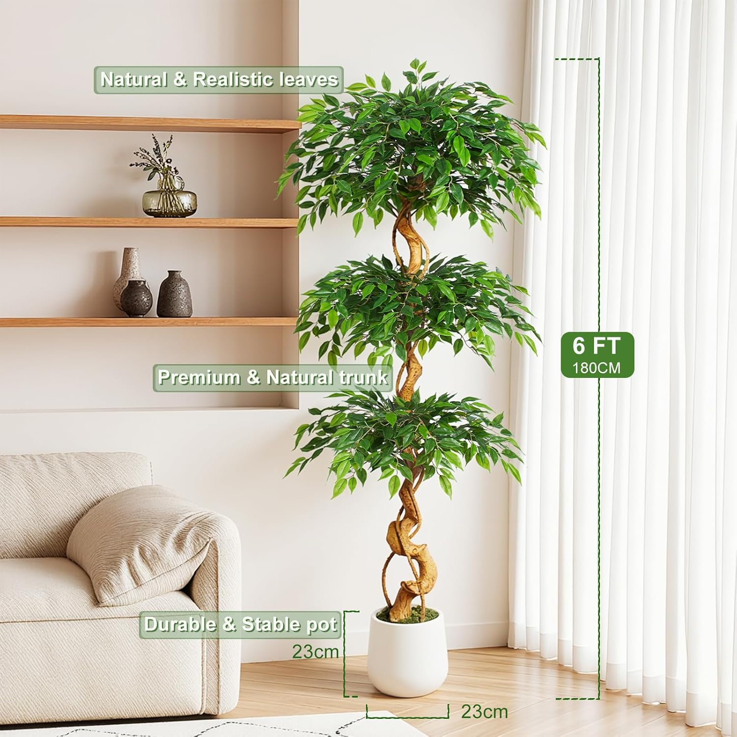 Artificial Plant Ficus Tree 180 cm with White Pot, Artificial Plants Large Like Real with Curved Tree Trunk and 1860 Leaves, Artificial Tree for Indoor Decoration, Living Room, Bedroom – Bild 3