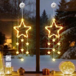 LED Stars Christmas Lights, Pack of 2 Christmas Star Window Fairy Lights, Warm White Light Curtain, Indoor Battery Operated with Timer, 8 Modes for Christmas Decoration, Balcony, Festival, Party, Wedding