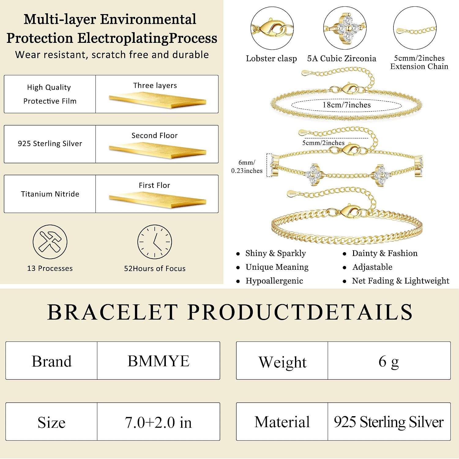 BMMYE Set of 3 Women's Bracelets, 925 Sterling Silver, Hypoallergenic, Adjustable, 14K Gold Plated with Cubic Zirconia Bracelets Set, Birthday Jewellery Gift for Women – Bild 3