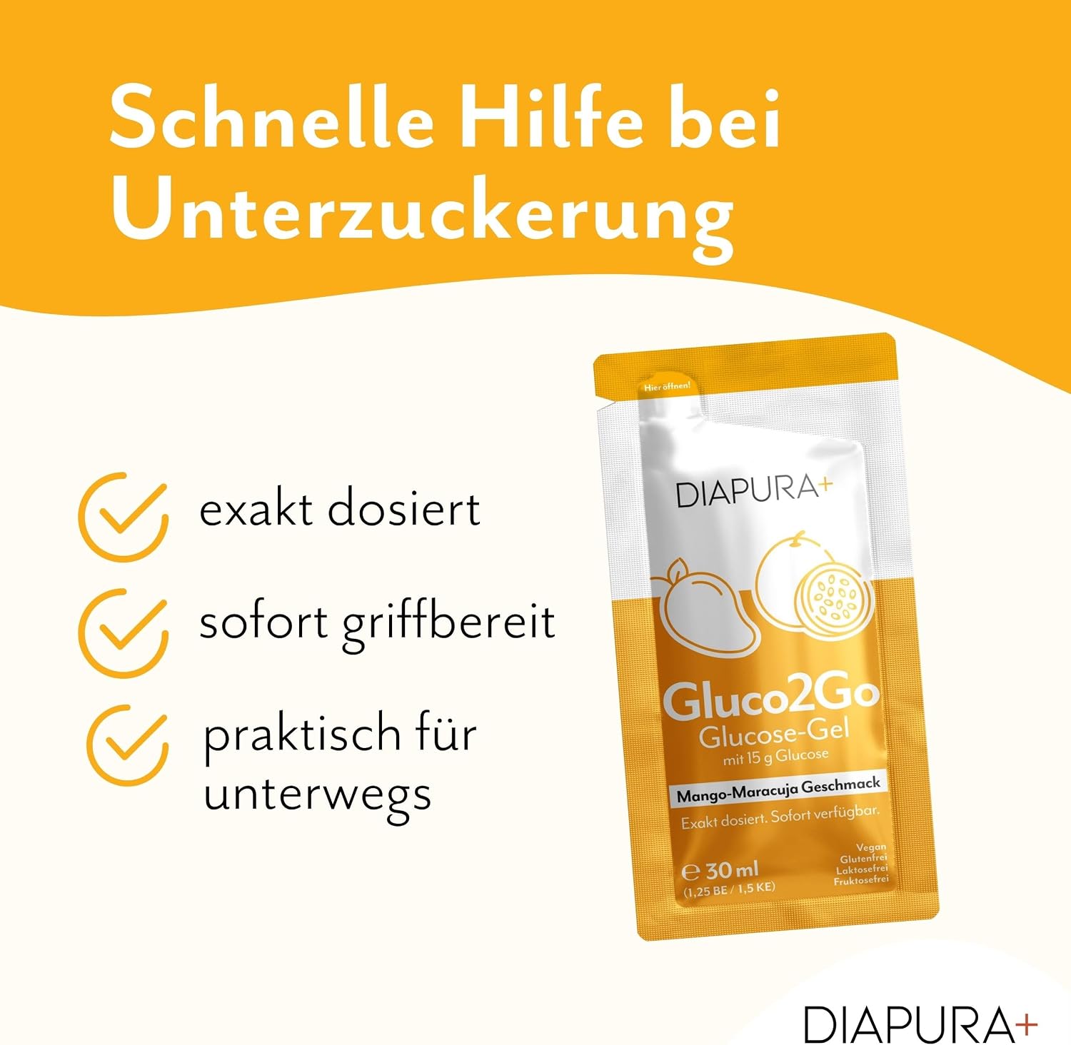 Gluco2Go Glucose-Gel Mango-Maracuja, 15 g Traubenzucker, 12x30 ml | Glucose-Gel mit exakt 15g schnell verfügbarer Glucose pro Portion | Klein & immer dabei | Sicher fühlen bei Unterzuckerungen – Bild 4