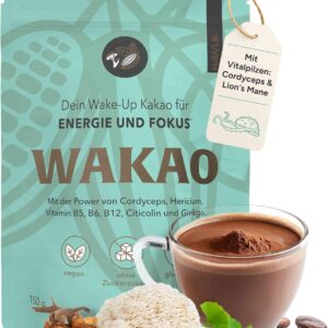WAKAO - Your Vital Mushroom Cocoa for Energy & Focus with Cordyceps Sinensis, Hericium (Lion's Mane), Vitamin B5, B6, B12, Citicoline and Ginkgo HAWLIK
