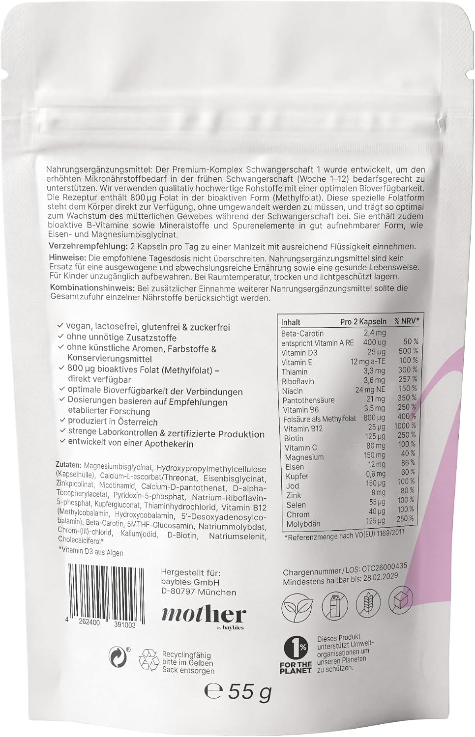 mother+ Pregnancy 1 Premium Complex - High-Quality Micronutrient Supply for Desiring Children and Early Pregnancy Week 1-12 / With Folate, Iron, Iodine & Important Vitamins / Vegan – Bild 2