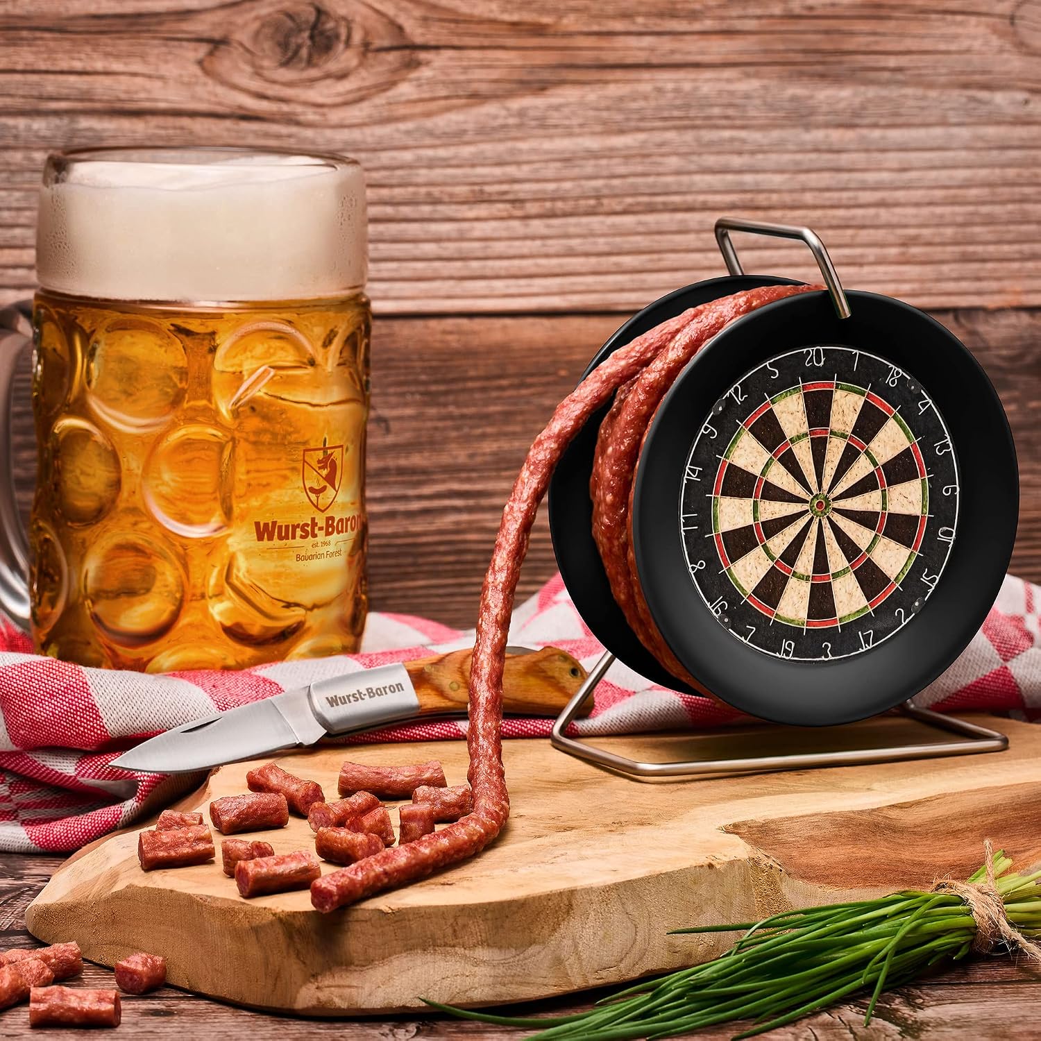 Wurstbaron Sausage Dartboard Dartboard - 3.5 m Snack Salami Cracow Style on a Mini Roll Drum Black, 240 g & Sausage Rim Cable Drum on Rim Sausage, 240 g – Bild 4