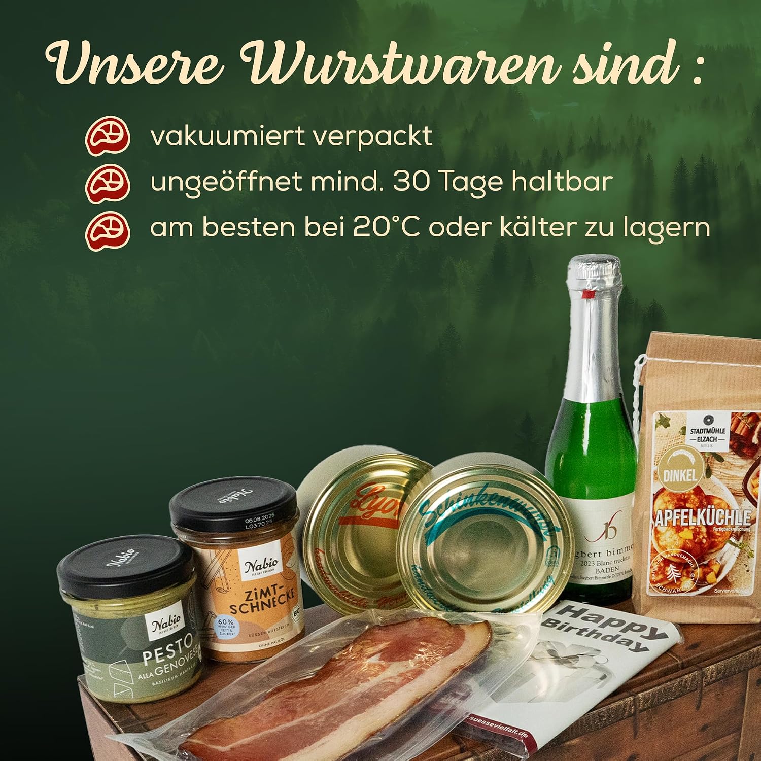 Black Forest Butcher Shop - Birthday Gift Basket - 7-Piece - Sweet & Savoury with Happy Birthday Chocolate, Apple Kitchen Baking Mix, Cinnamon Rolls Spread, Black Forest Specialities & Sparkling Wine – Bild 4