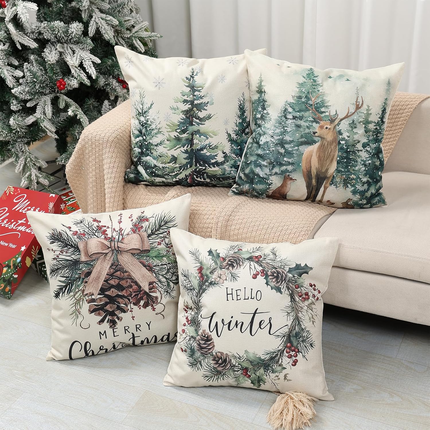 Christmas Cushion Cover, 45 x 45 cm, Set of 4, Linen Christmas Cushion Christmas Decoration with Reindeer, Christmas Decorations, Indoor Christmas Decoration for Sofa, Couch, Bedroom, Living Room, Winter Decoration – Bild 3