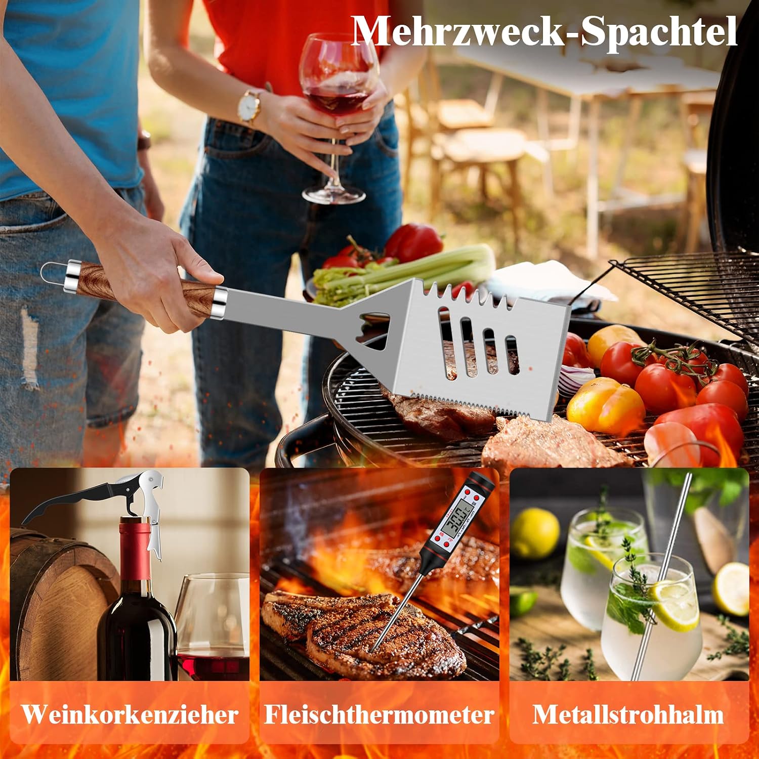 Grilliance 38-Piece BBQ Barbecue Cutlery Set Stainless Steel Barbecue Accessories for Men Gift Birthday High-Quality Barbecue Utensils Set Case with Grill Case and Grill Mat for Garden and Camping Brown – Bild 3