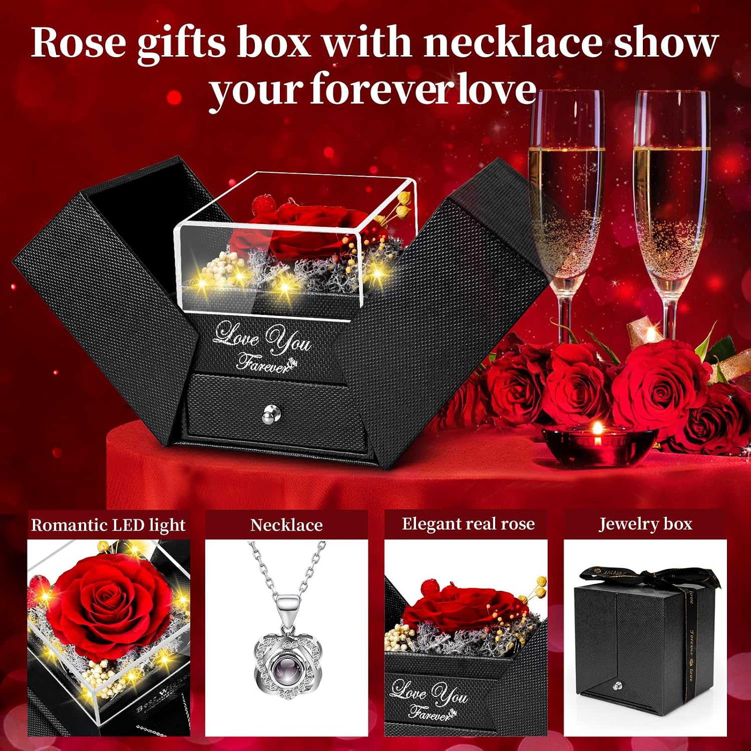 Lebana Eternal Rose with Heart Necklace and LED Lighting Gift Set for Women Mum Girlfriend for Birthday Christmas Valentine's Day Wedding Anniversary Mother's Day Red – Bild 2