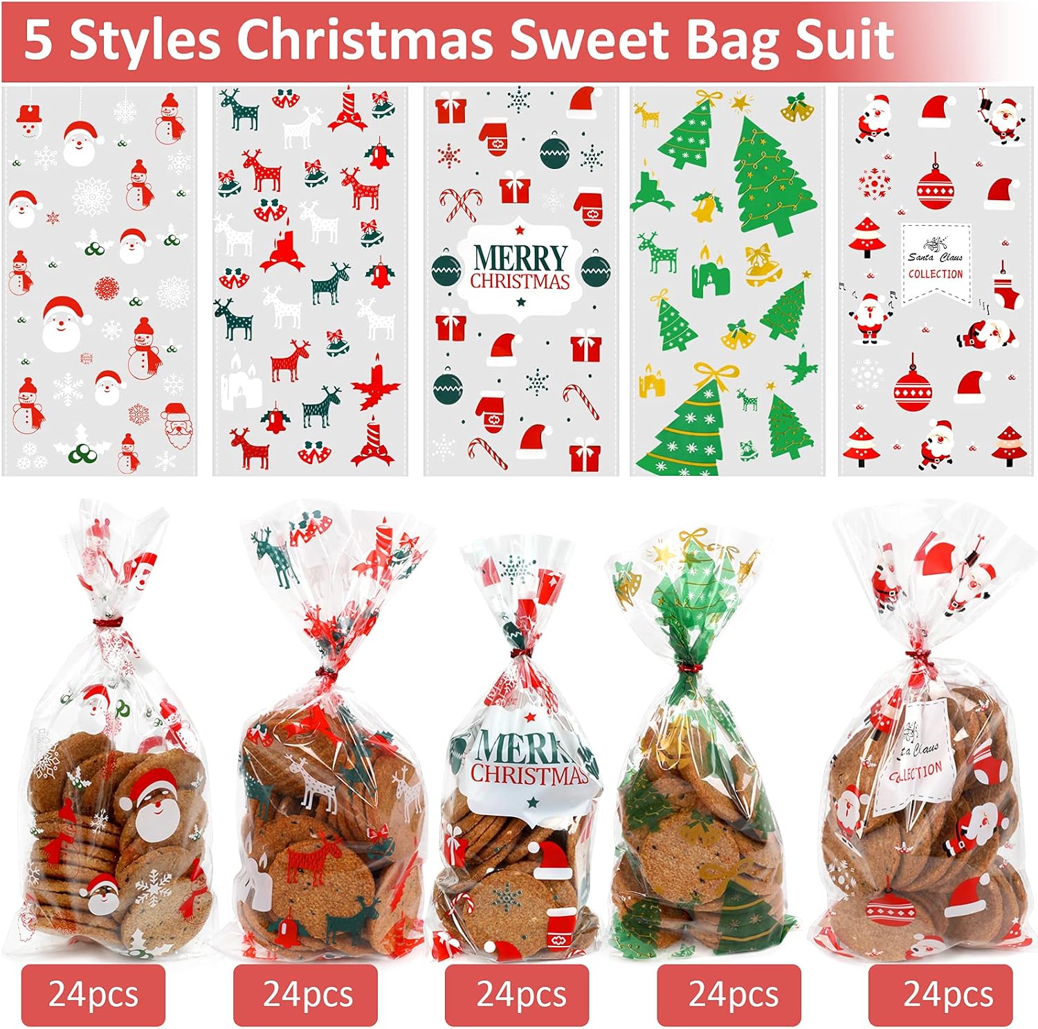 Pack of 120 Cellophane Bags, Christmas Candy Bags, Biscuits, Goody Bags with 120 Twist Ties, Bags for Filling, Cellophane Bags, Small for Cookies, Biscuits, Chocolates (5 Styles) – Bild 2