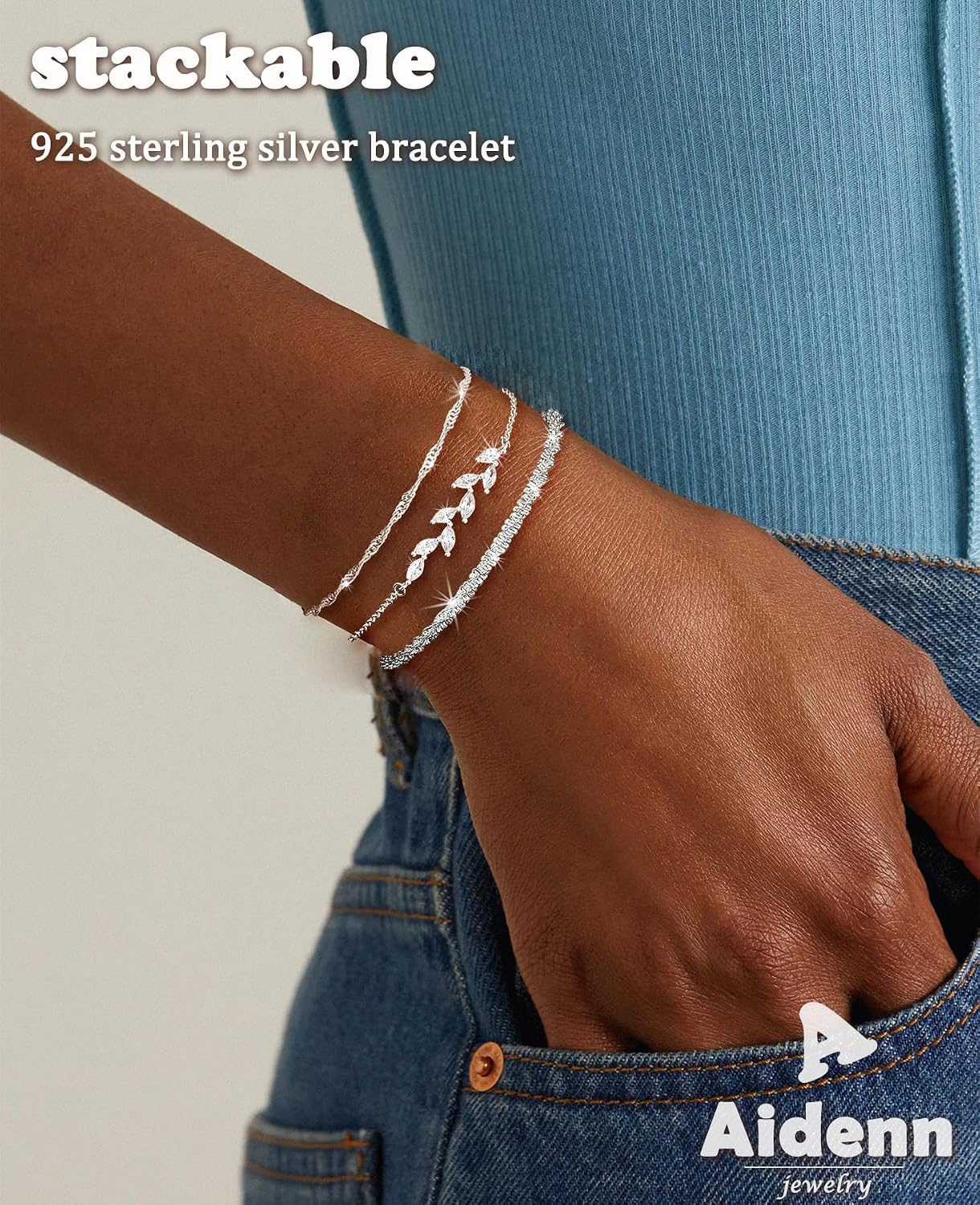 Aidenn 3 Pieces 925 Sterling Silver Bracelet Women's Silver Zirconia Accents Bracelets Set Adjustable Stackable Chain Bracelet Jewellery for Women Girls as a Gift – Bild 2