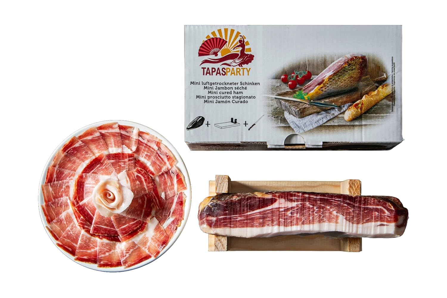 Spanish Tapas Party Deluxe Set | Mini Serrano Ham (1 kg) with Stand & Knife + Chorizo, Lomo, Fuet | Gourmet Gift Basket & Delicatessen from Spain – Bild 3