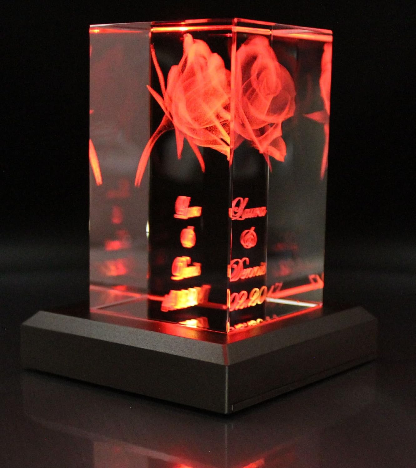 VIP-LASER 3D XL Glass Crystal Cuboid - Rose with Two Names and Date in Portrait Format - For People You Love! – Bild 2