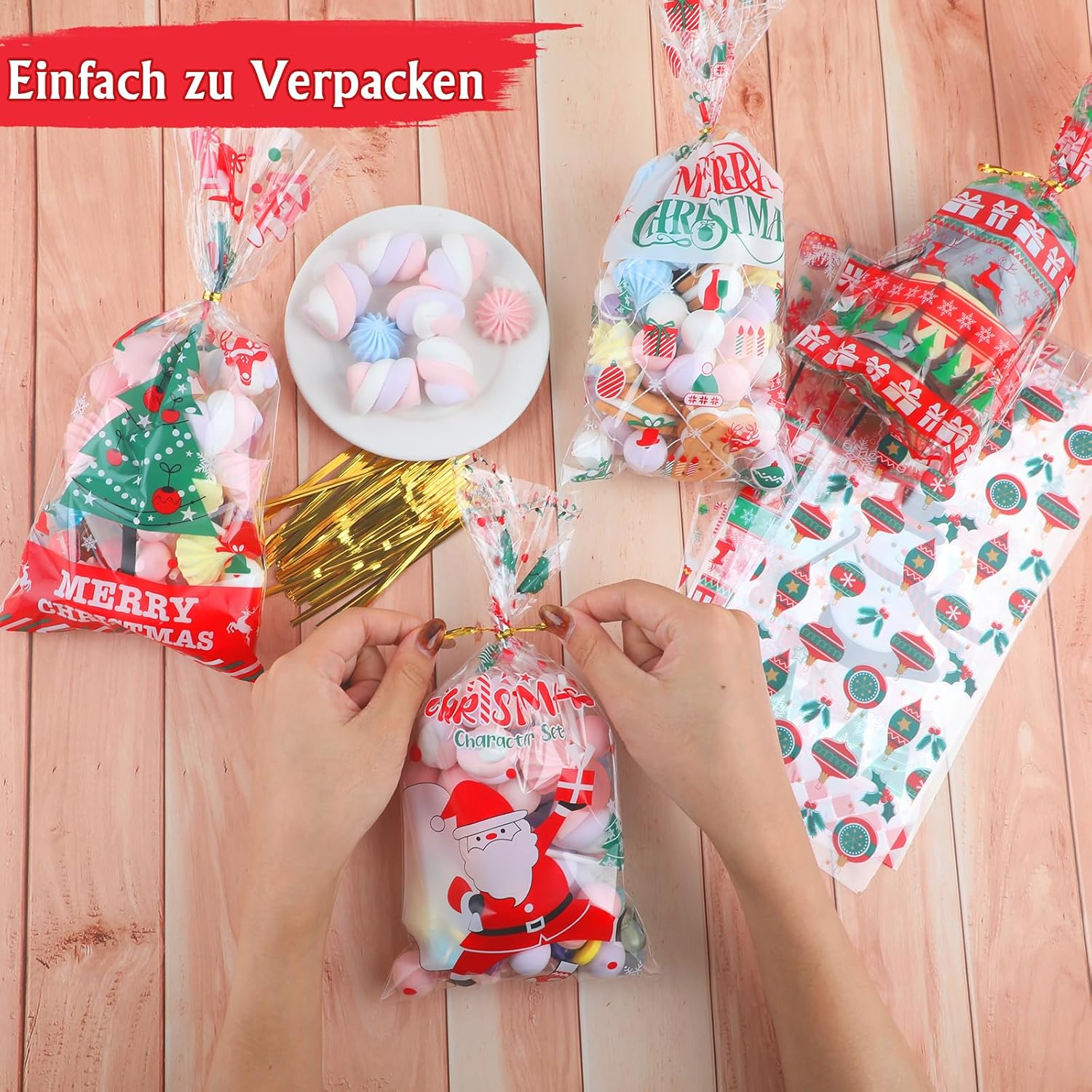 Pack of 120 Cellophane Bags, Christmas Candy Bags, Biscuits, Goody Bags with 120 Twist Ties, Bags for Filling, Cellophane Bags Small for Cookies, Biscuits, Chocolates (White) – Bild 4